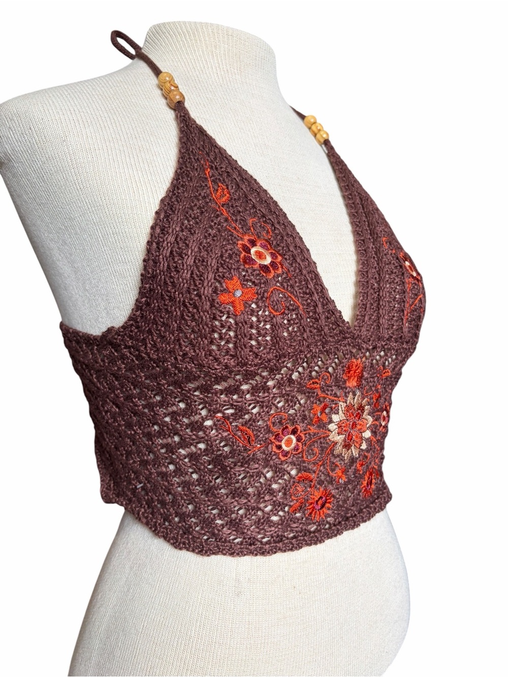 Y2K Crochet Brown Floral Babydoll Halter Festival Top - Picture 2 of 5